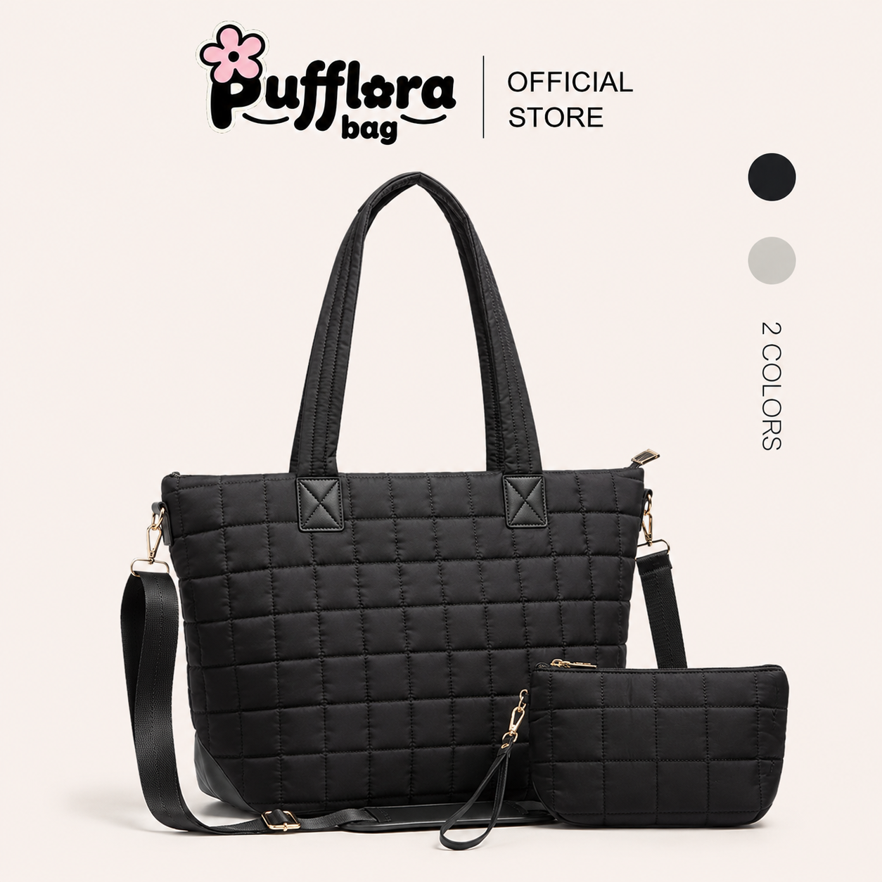 Pufflora กระเป๋าสะพาย รุ่น Duo Puff Square กระเป๋าใส่โน๊ตบุ๊ค/iPad ใบใหญ่ จุของเยอะ ช่องแยกหลายช่อง  พร้อมกระเป๋าใบเล็กและสายสะพาย